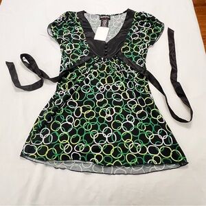 Vintage Y2K Hot Tempered Black Green Circles Babydoll Top Empire Size M NWT